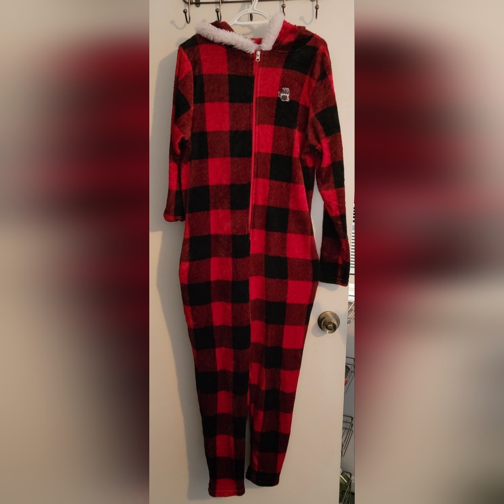 full body romper for adults from the Bearpaw brand, red and black, size XL